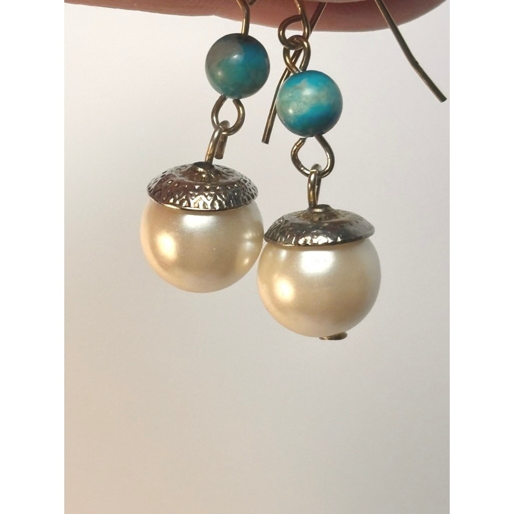 Vintage Drop‎ Earrings Cream Turquoise Gold Tone Faux Pearl Boho Coastal Dangle
